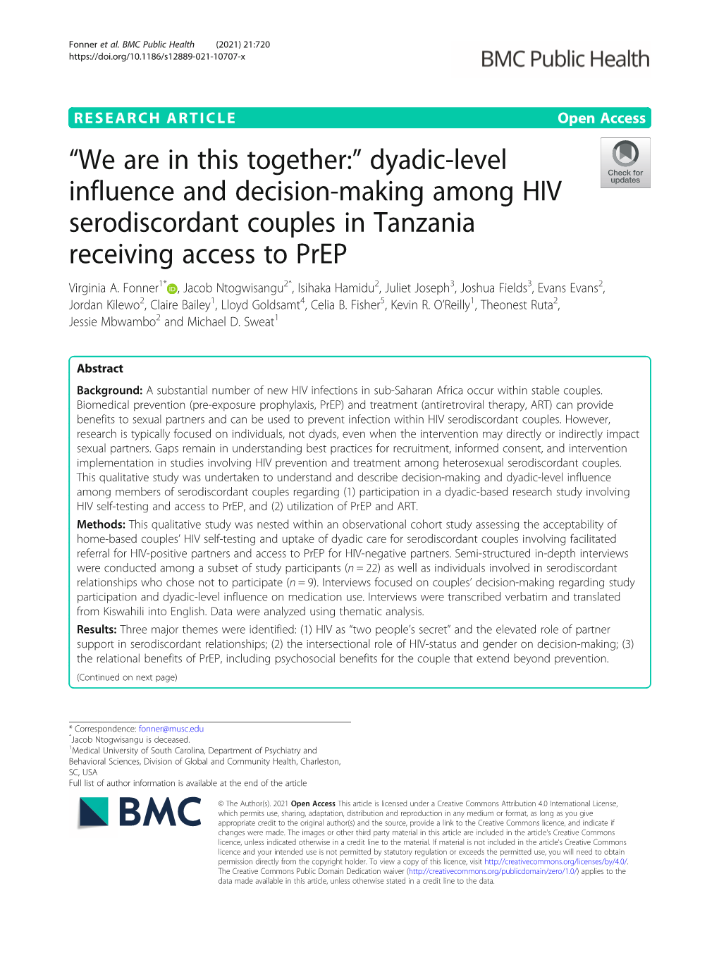 “We Are in This Together:” Dyadic-Level Influence and Decision-Making Among HIV Serodiscordant Couples in Tanzania Receiving Access to Prep Virginia A