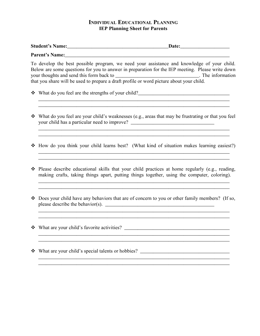 IEP Planning Forms