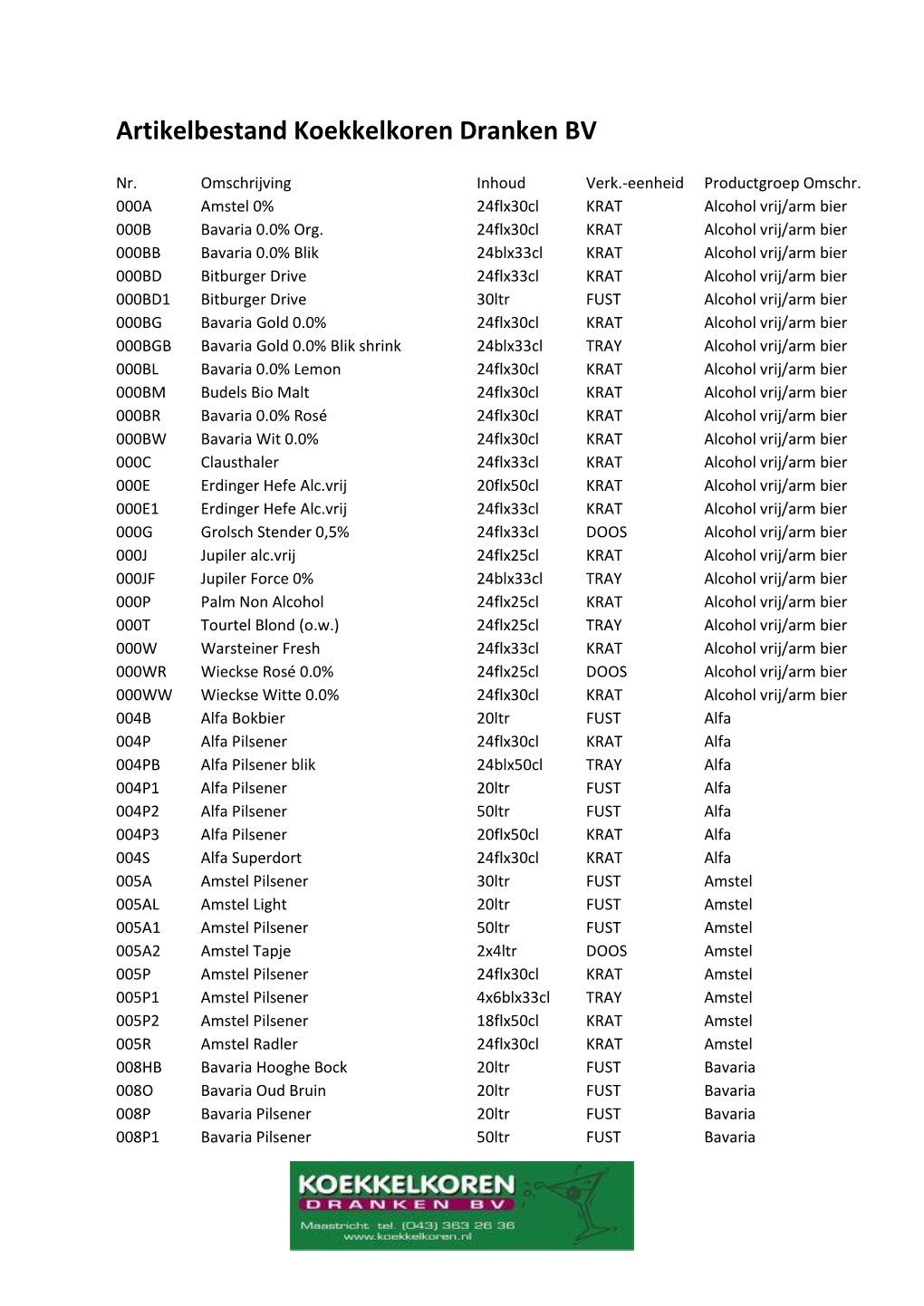 Artikelbestand Koekkelkoren Dranken BV