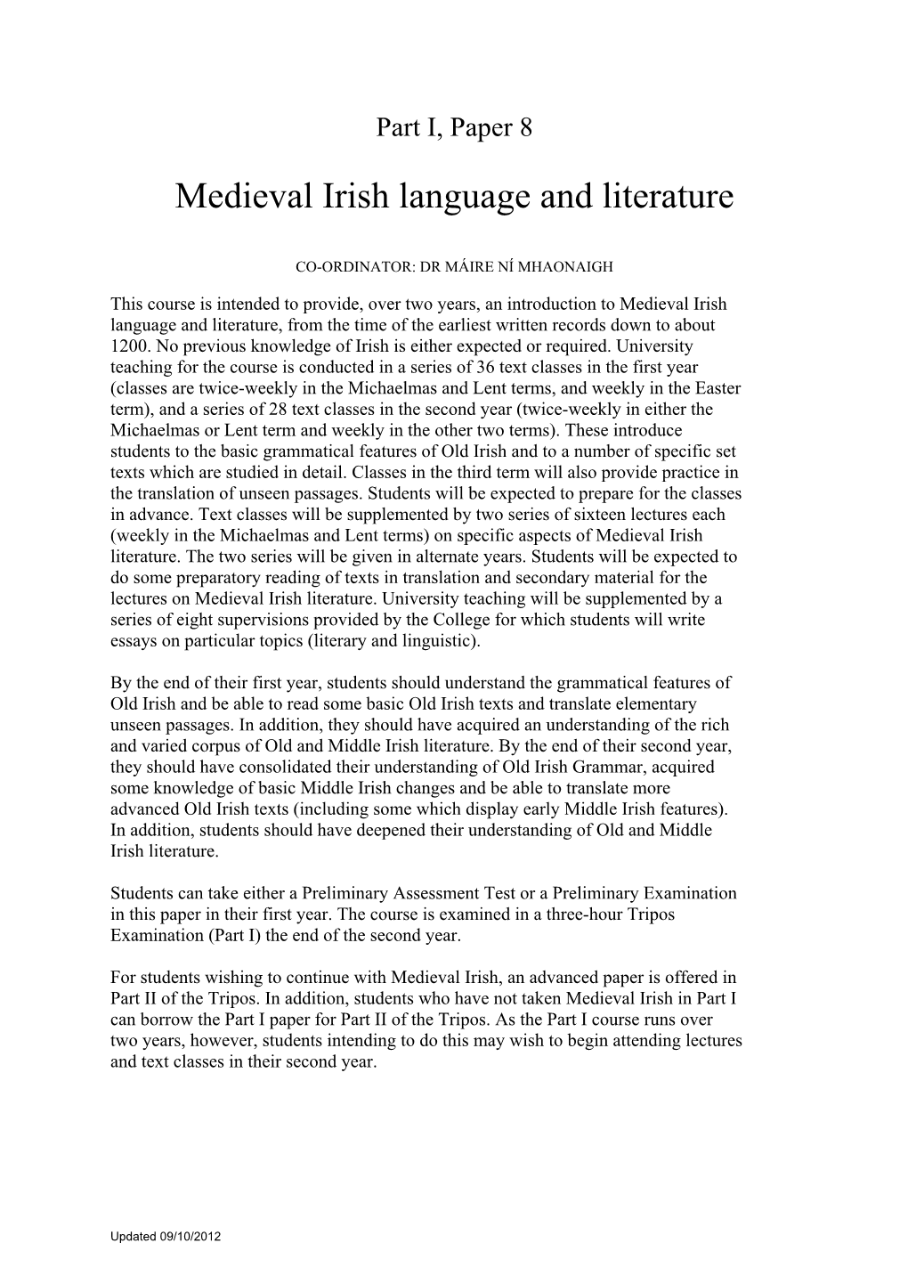 Medieval Irish Language and Literature