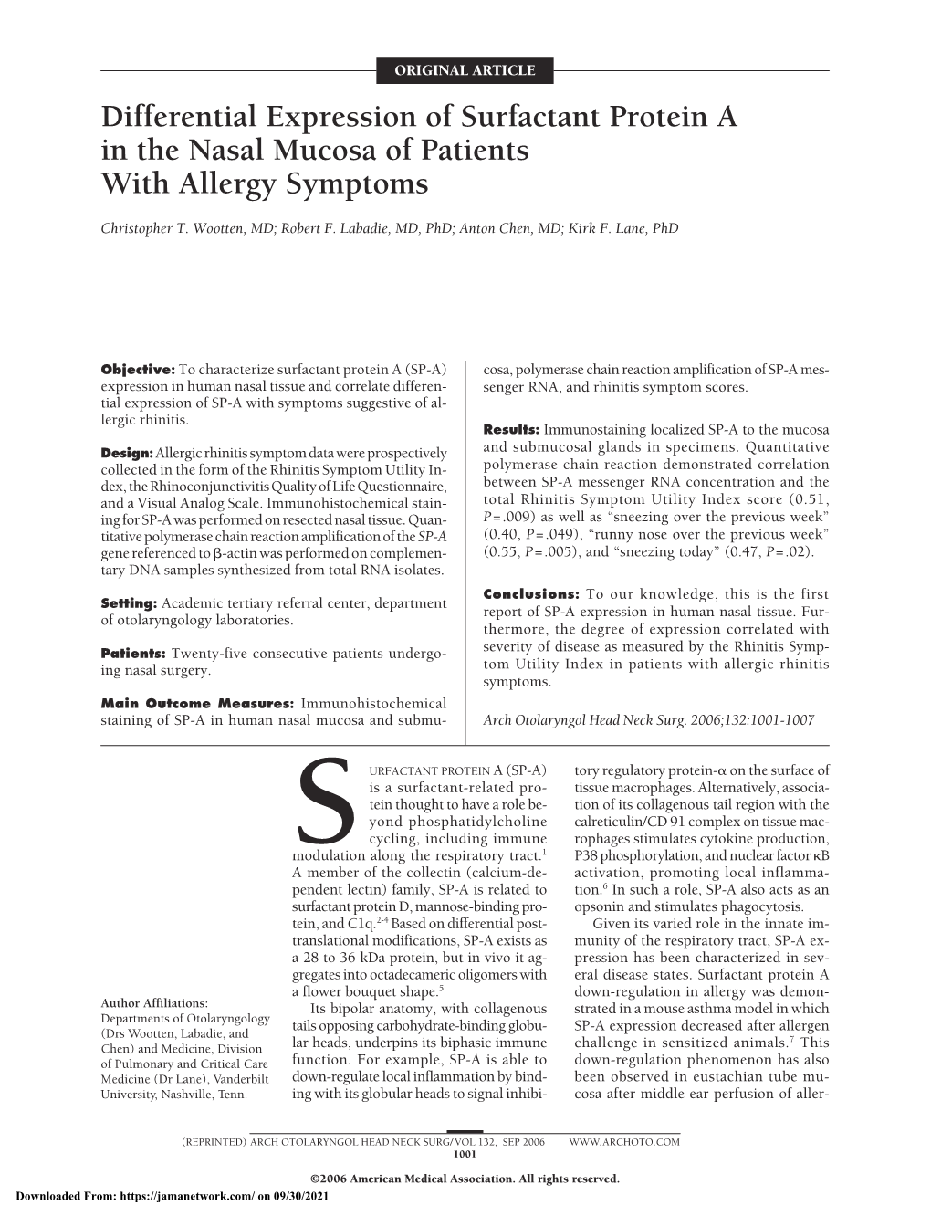 Differential Expression of Surfactant Protein a in the Nasal Mucosa of Patients with Allergy Symptoms