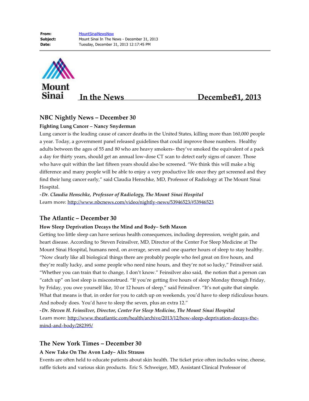 In the News December 31, 2013