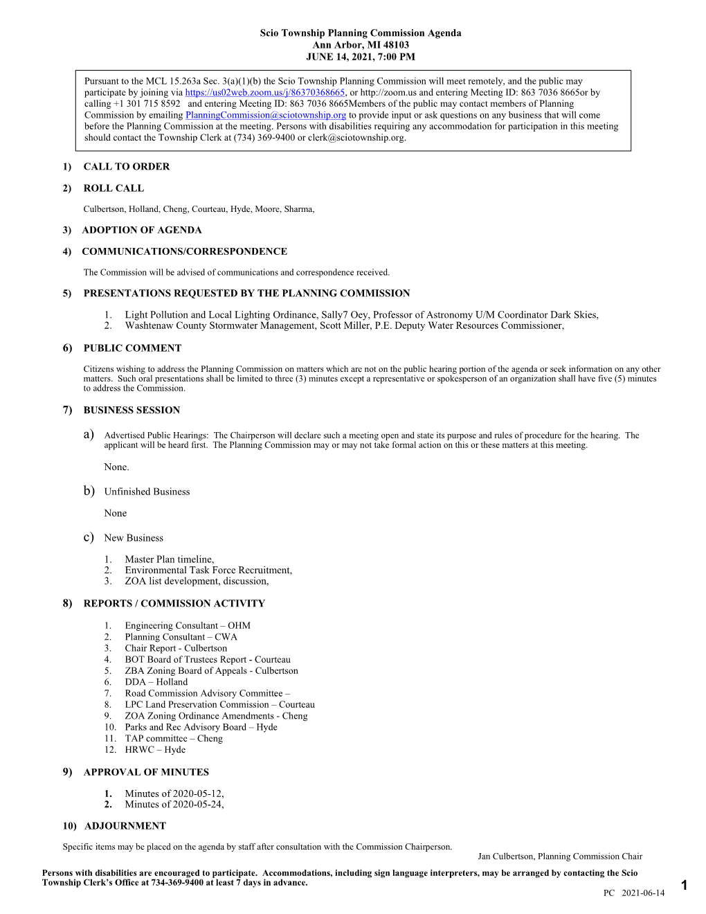 Scio Township Planning Commission Agenda Ann Arbor, MI 48103 JUNE 14, 2021, 7:00 PM