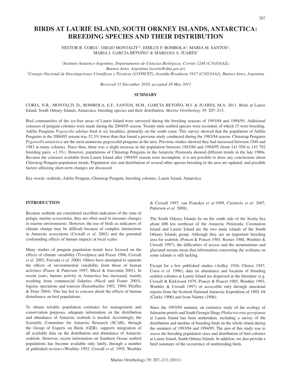 Birds at Laurie Island, South Orkney Islands, Antarctica: Breeding Species and Their Distribution