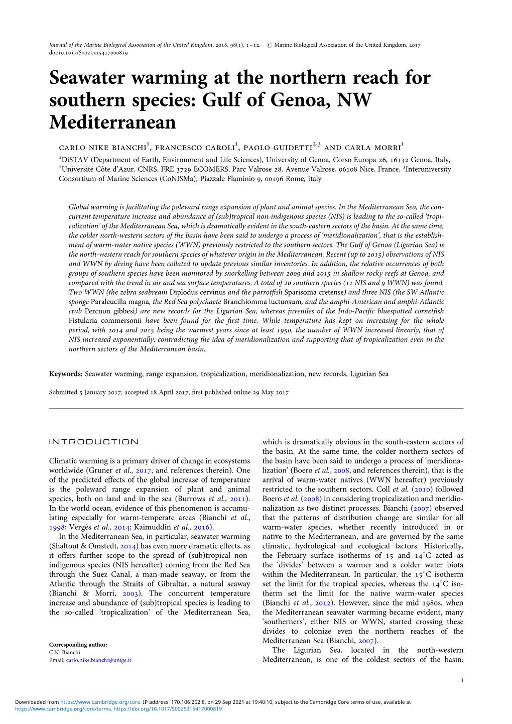 Seawater Warming at the Northern Reach for Southern Species: Gulf Of