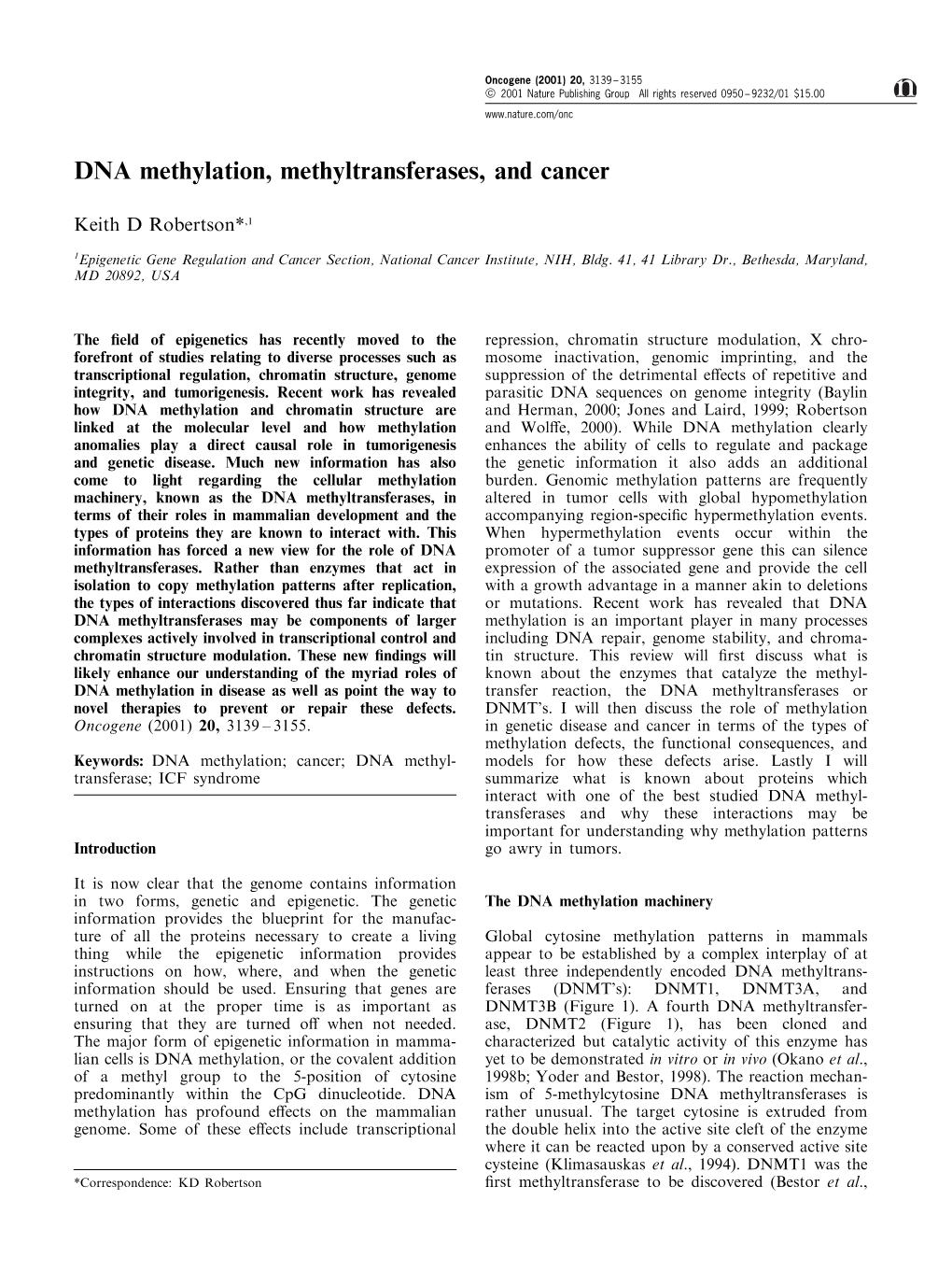DNA Methylation, Methyltransferases, and Cancer