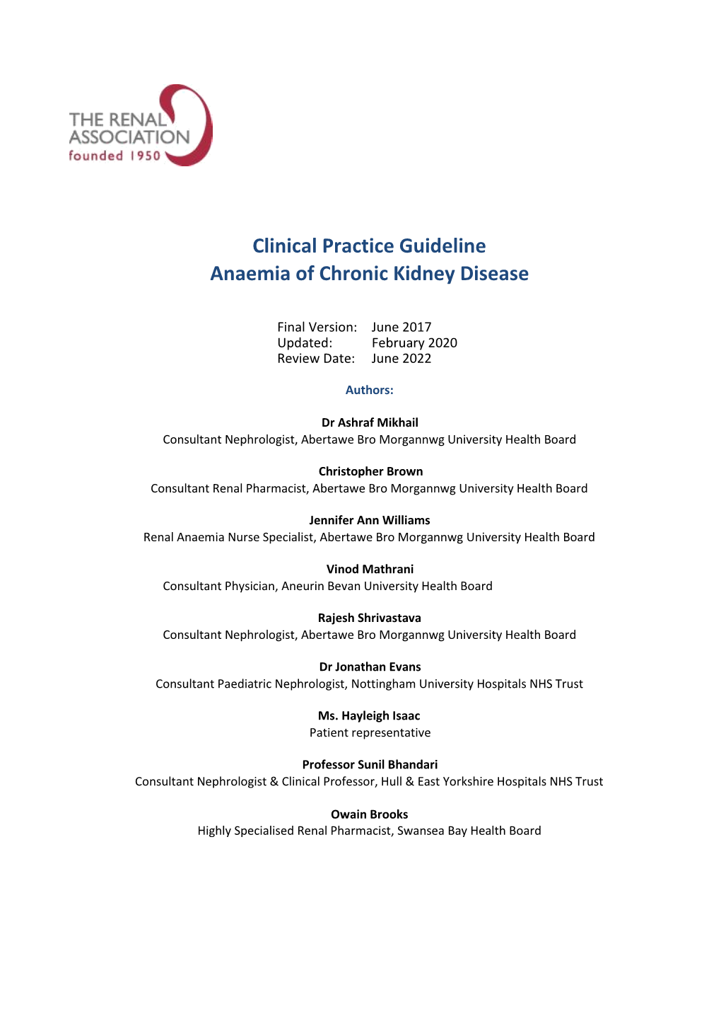 Clinical Practice Guideline Anaemia of Chronic Kidney Disease