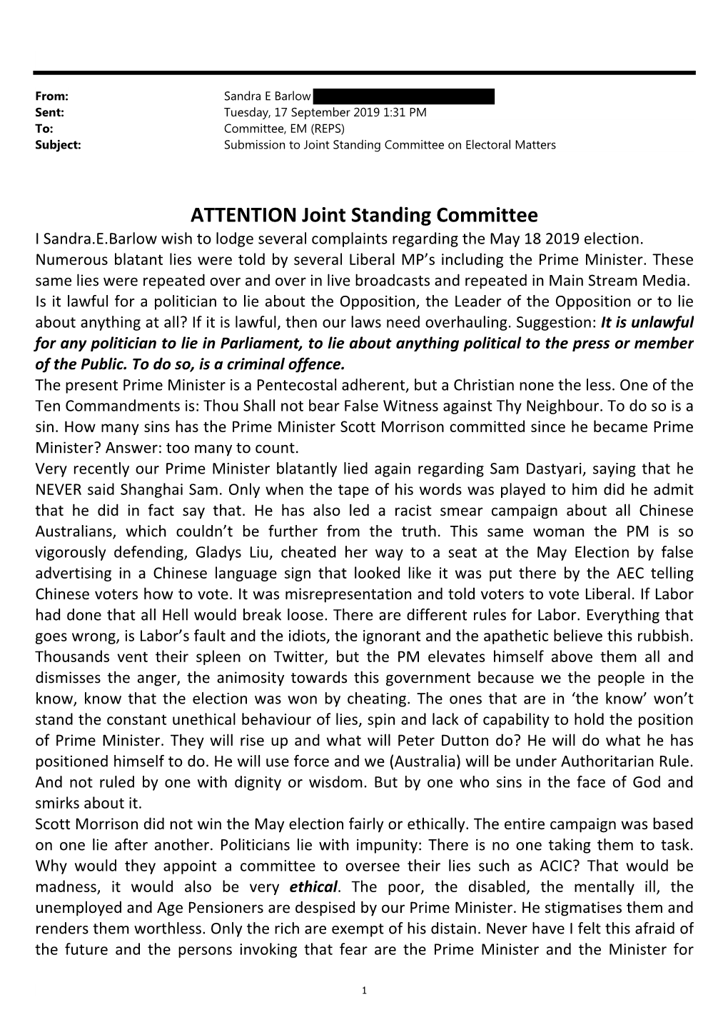 ATTENTION Joint Standing Committee I Sandra.E.Barlow Wish to Lodge Several Complaints Regarding the May 18 2019 Election
