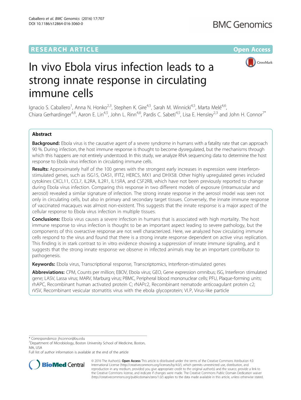 In Vivo Ebola Virus Infection Leads to a Strong Innate Response in Circulating Immune Cells Ignacio S