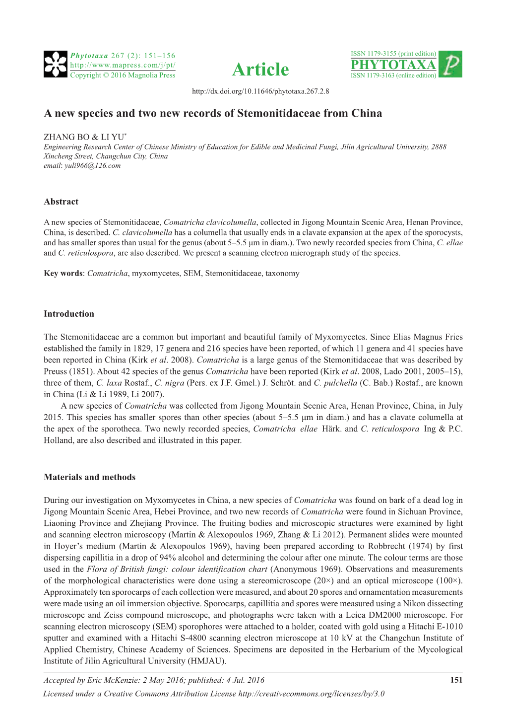 A New Species and Two New Records of Stemonitidaceae from China