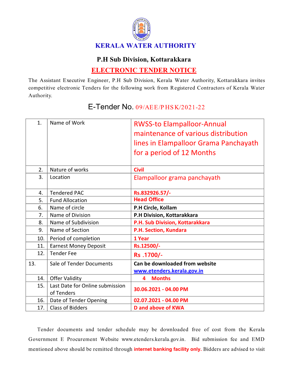 RWSS-To Elampalloor-Annual Maintenance of Various Distribution Lines in Elampalloor Grama Panchayath for a Period of 12 Months