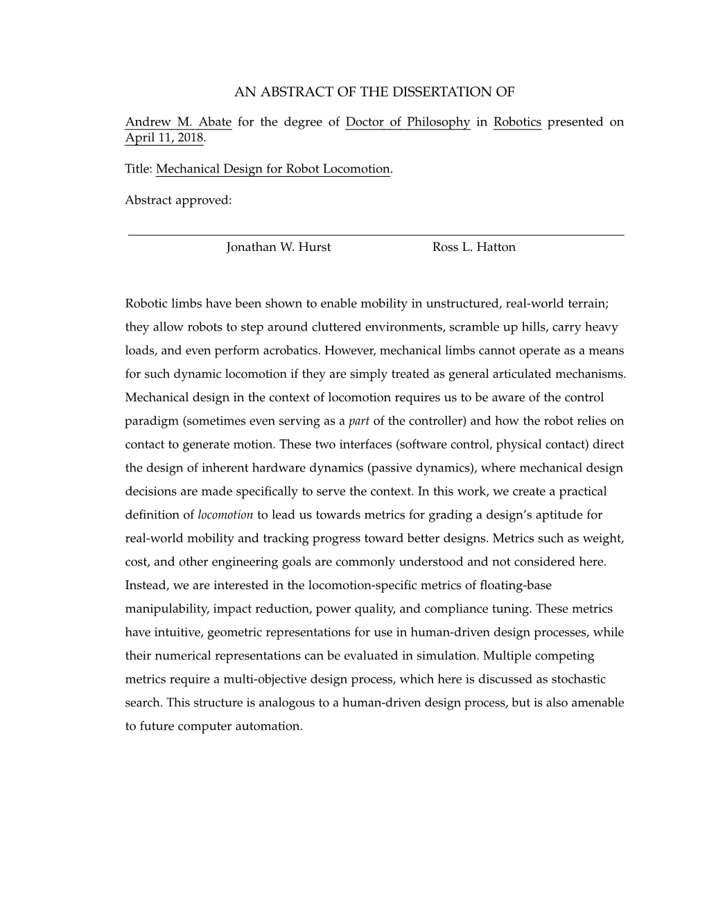 Mechanical Design for Robot Locomotion