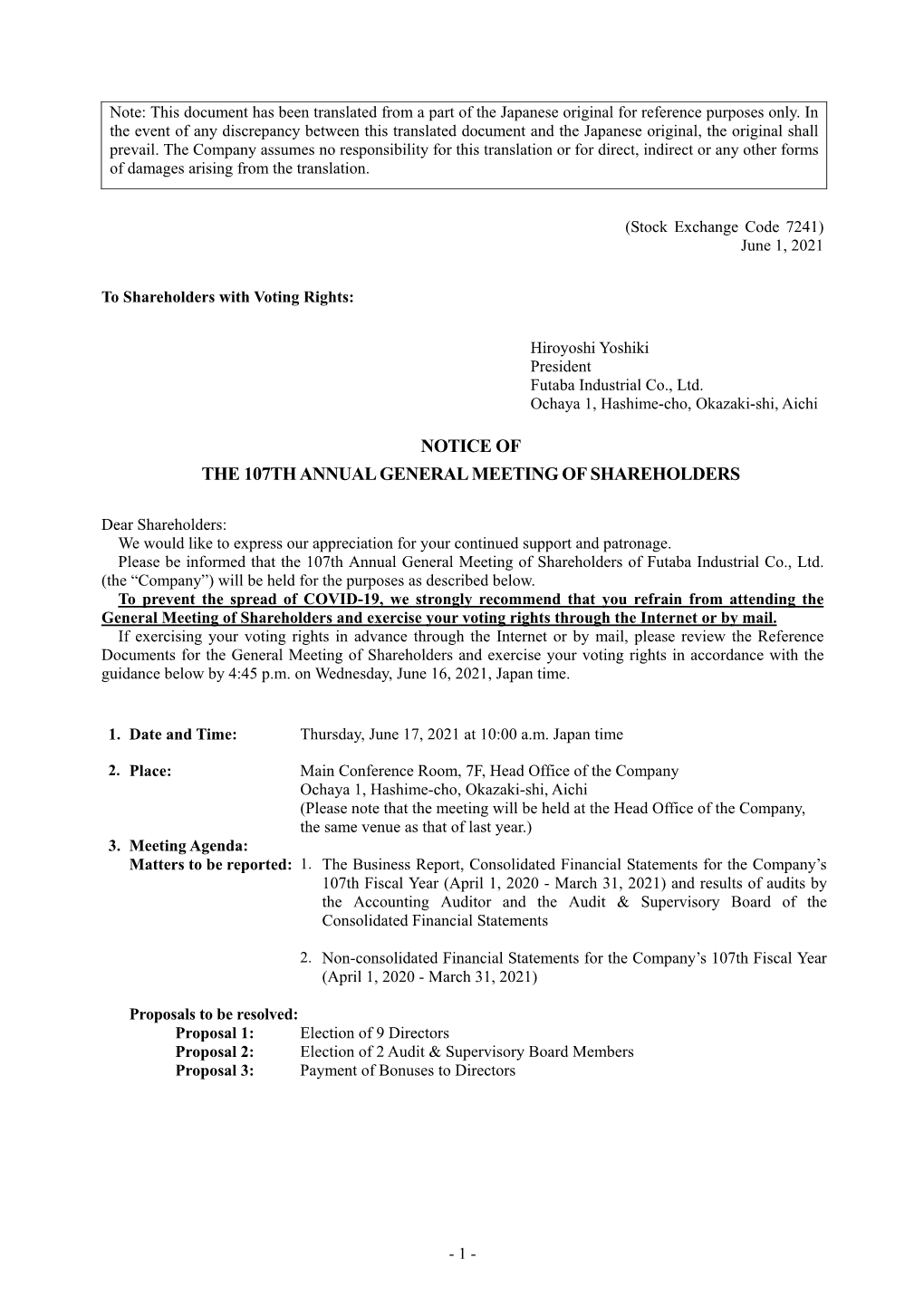 Notice of the 107Th Annual General Meeting of Shareholders