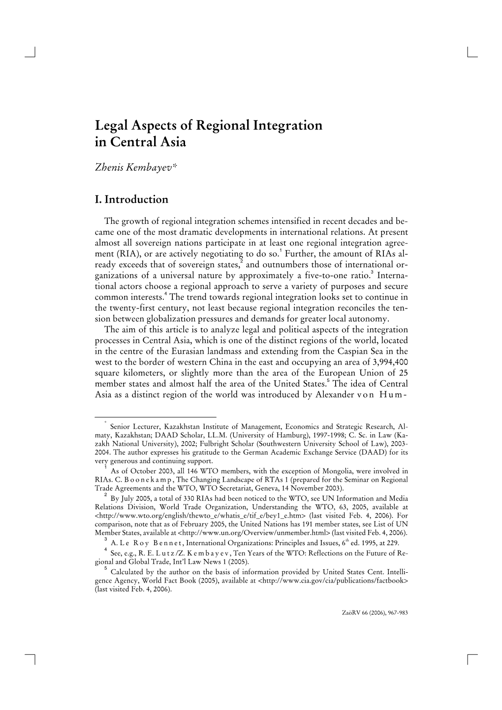 Legal Aspects of Regional Integration in Central Asia