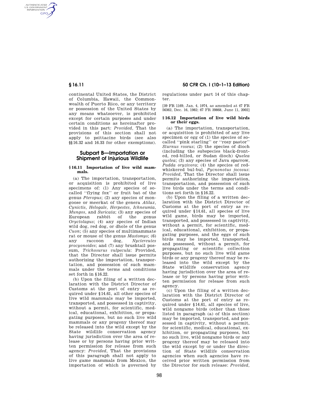 98 Subpart B—Importation Or Shipment of Injurious Wildlife