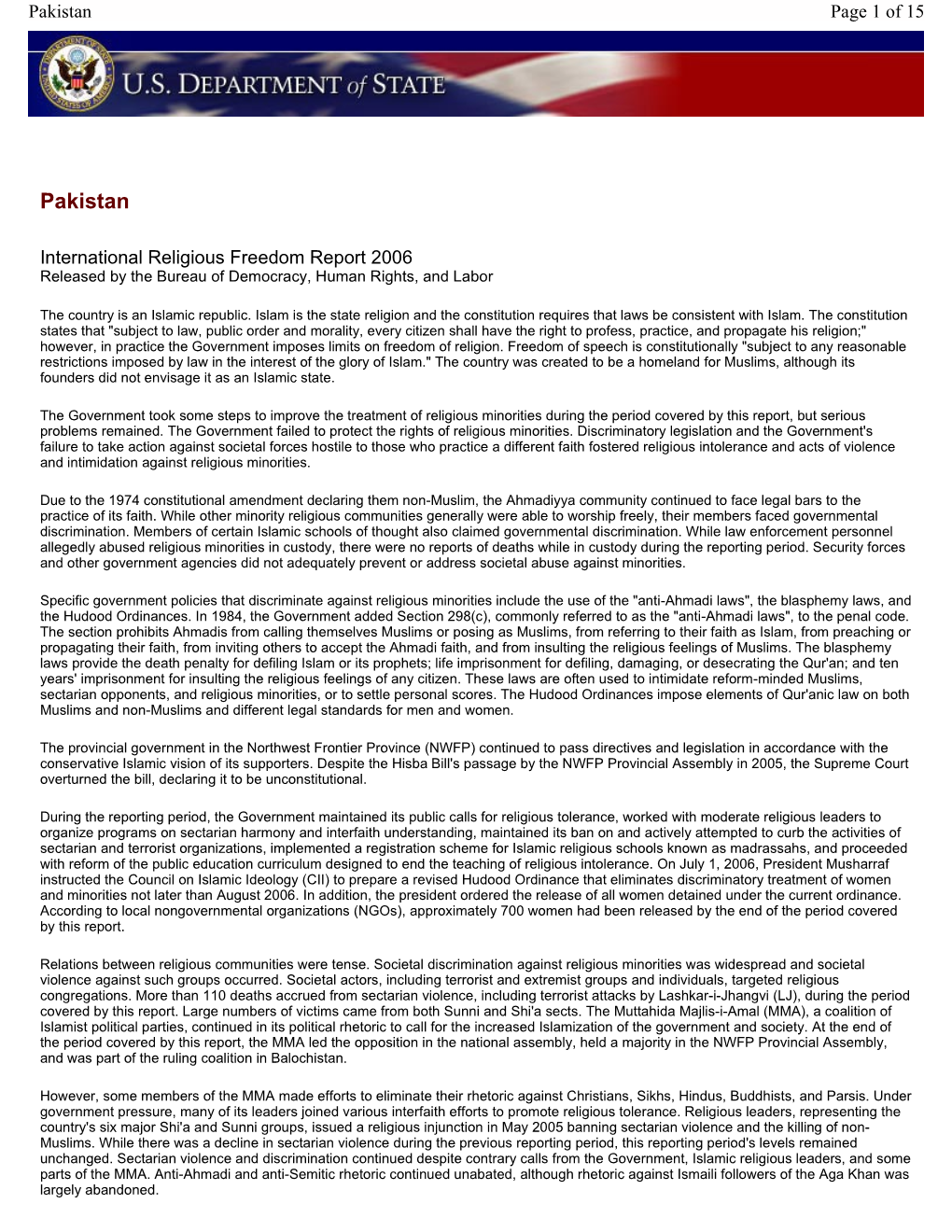 Report on International Religious Freedom 2006: Pakistan