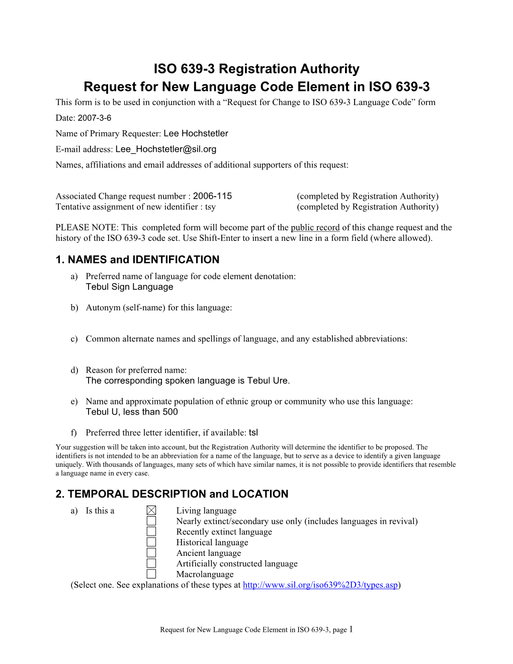 ISO 639-3 New Code Request