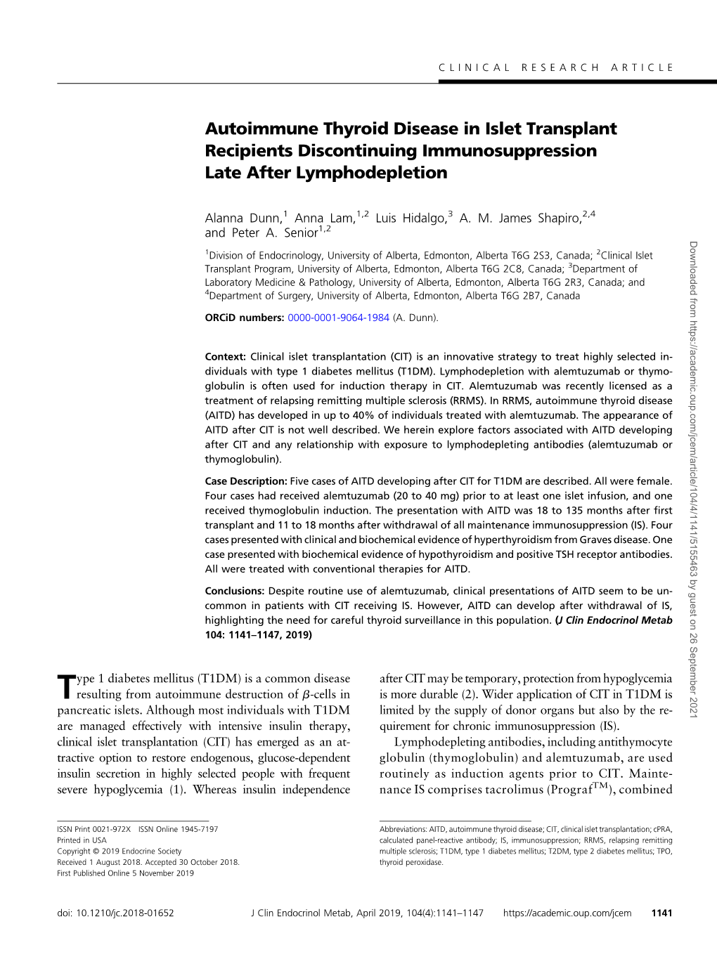 Autoimmune Thyroid Disease in Islet Transplant Recipients Discontinuing Immunosuppression Late After Lymphodepletion