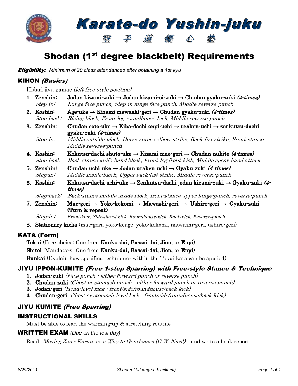 Shodan (1St Degree Blackbelt) Requirements