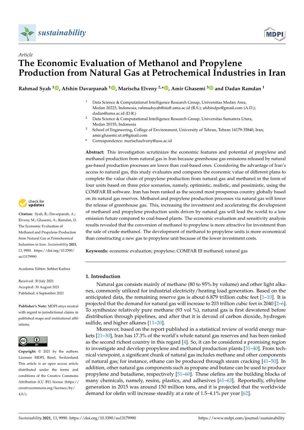 The Economic Evaluation of Methanol and Propylene Production from Natural Gas at Petrochemical Industries in Iran