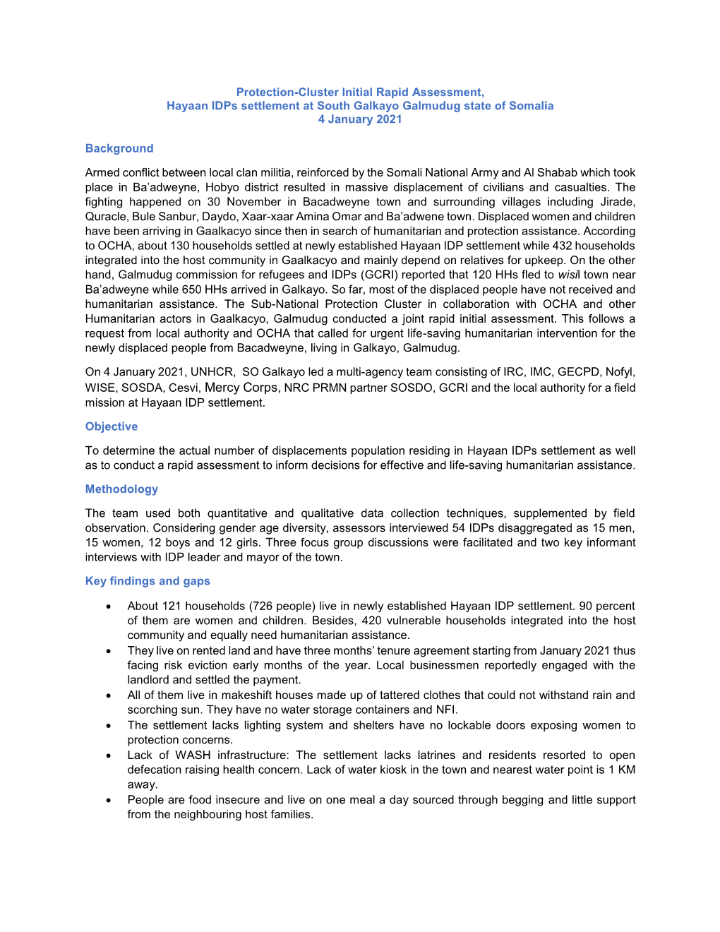 Protection-Cluster Initial Rapid Assessment, Hayaan Idps Settlement at South Galkayo Galmudug State of Somalia 4 January 2021