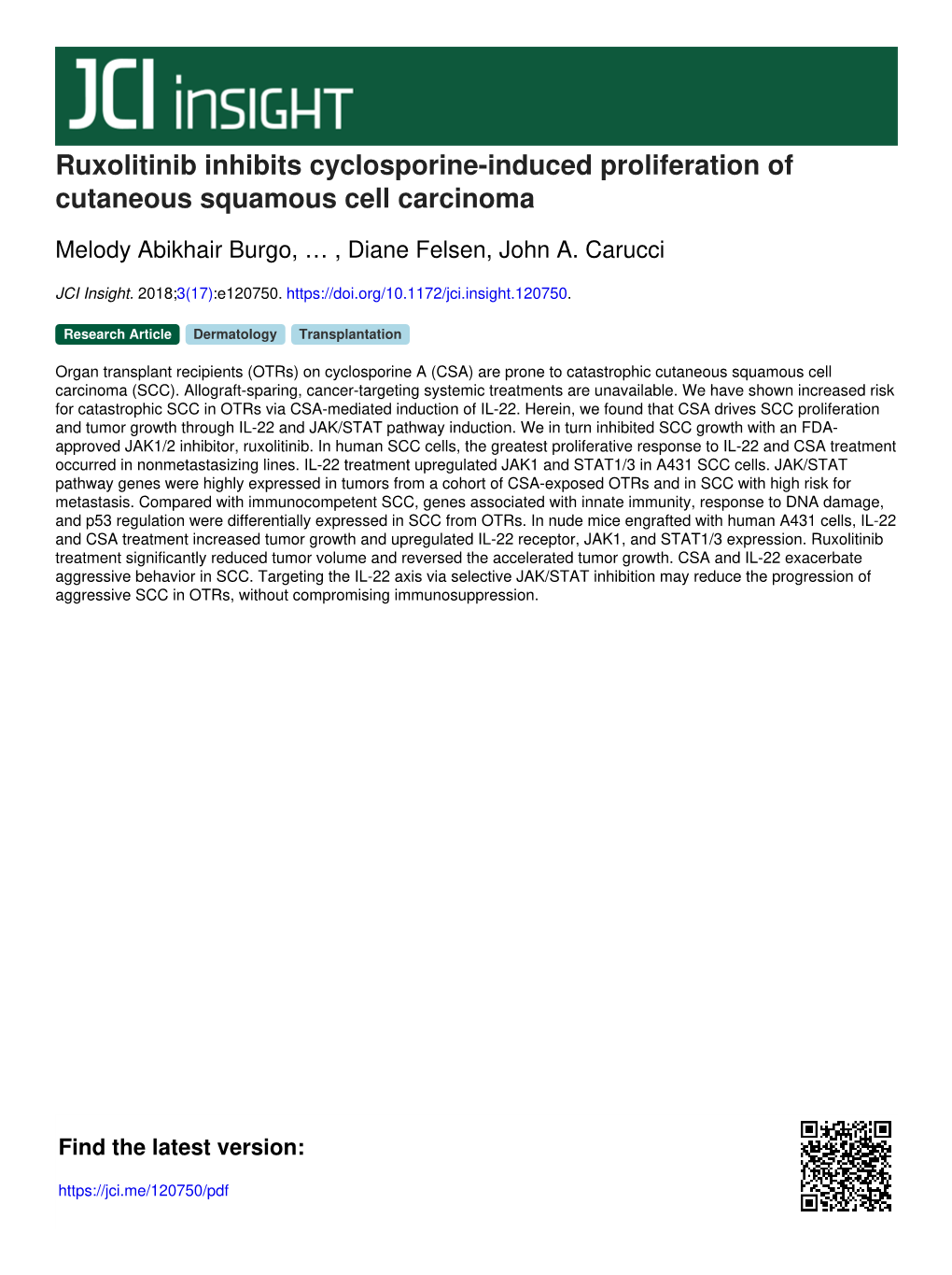 Ruxolitinib Inhibits Cyclosporine-Induced Proliferation of Cutaneous Squamous Cell Carcinoma