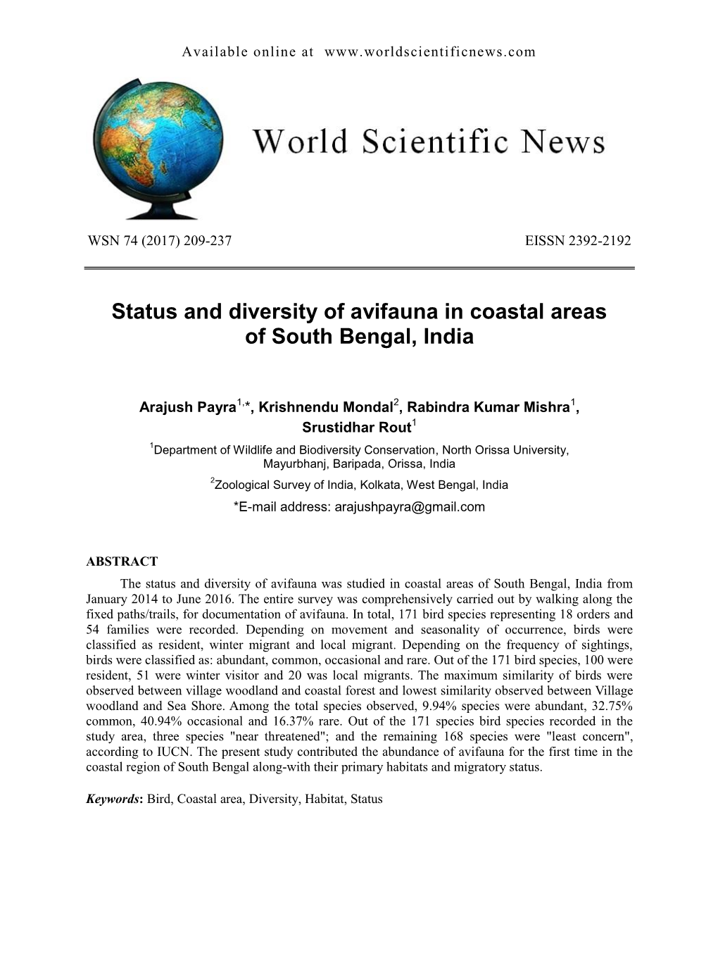Status and Diversity of Avifauna in Coastal Areas of South Bengal, India