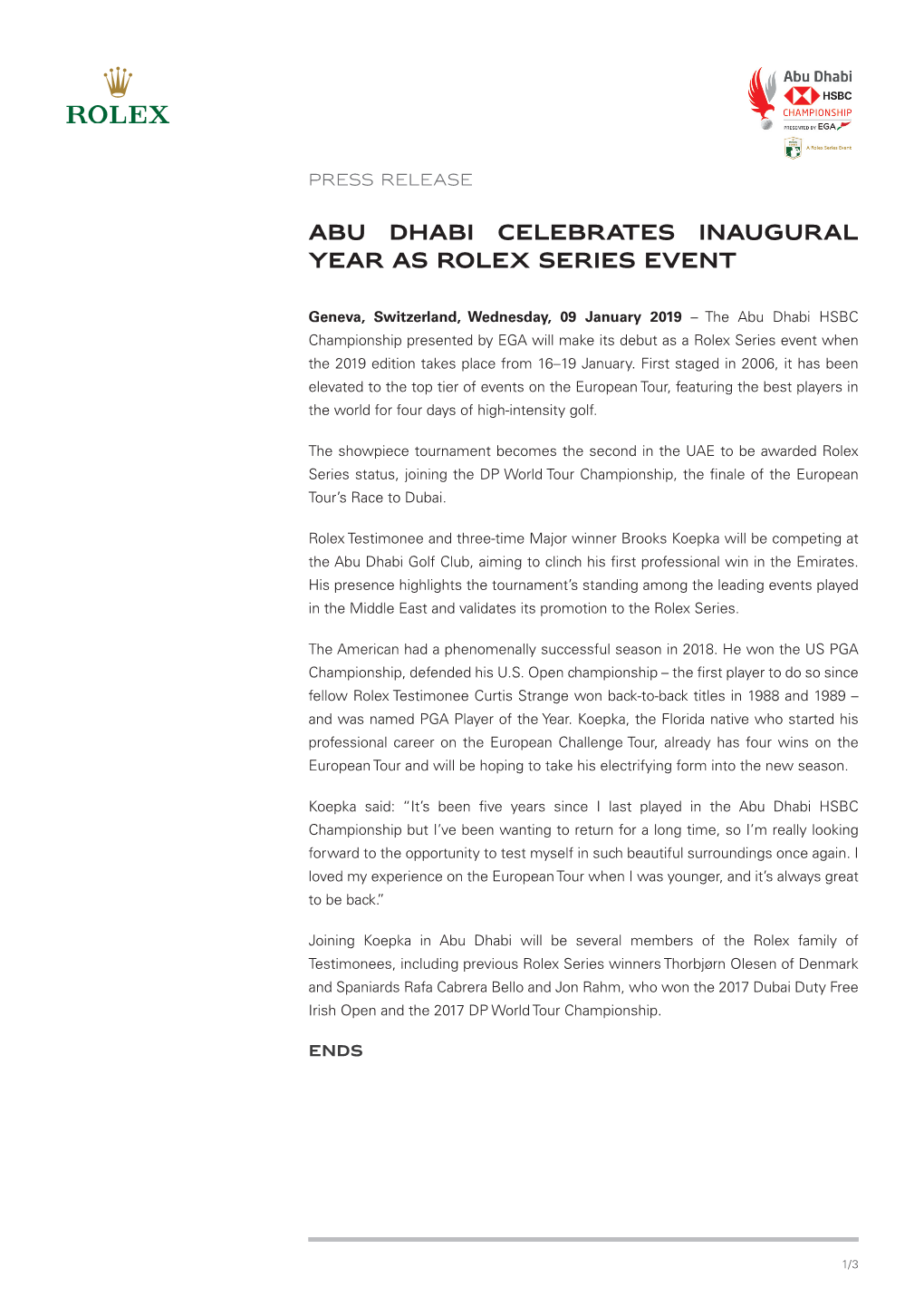 Abu Dhabi HSBC Championship Pre-Event Press Release