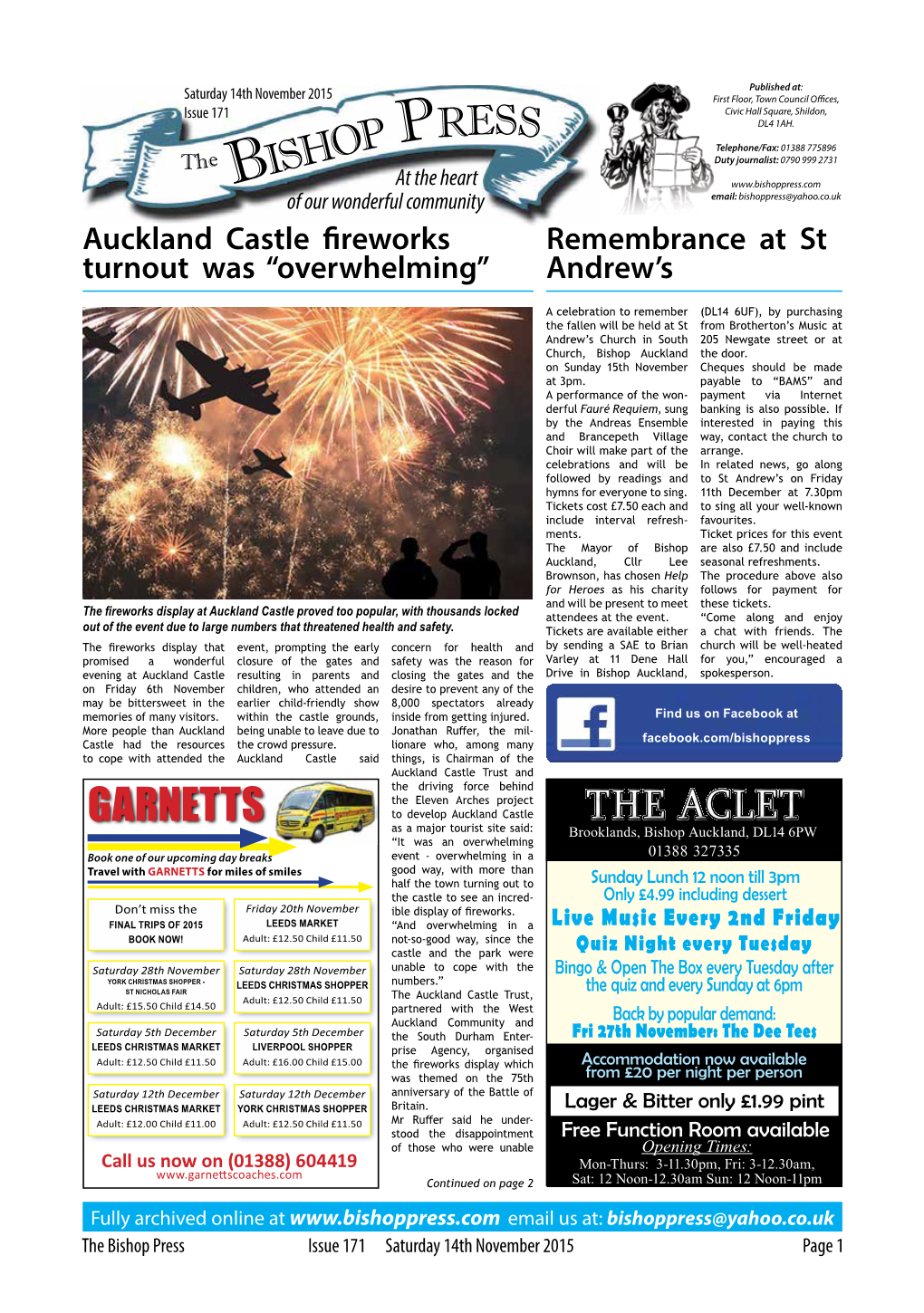 Bishop Press Issue 171 Saturday 14Th November 2015 Page 1 Bishop Auckland Fireworks Artwork to Aid Help Display for Heroes Charity