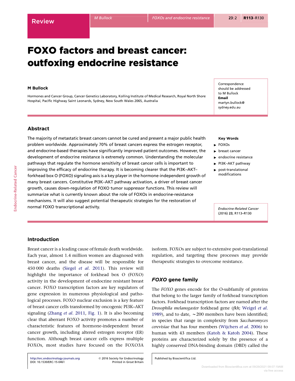 FOXO Factors and Breast Cancer: Outfoxing Endocrine Resistance