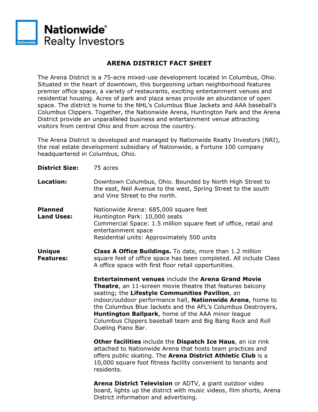 Arena District Fact Sheet