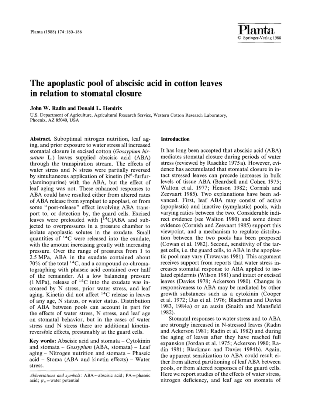 The Apoplastic Pool of Abscisic Acid in Cotton Leaves in Relation to Stomatal Closure