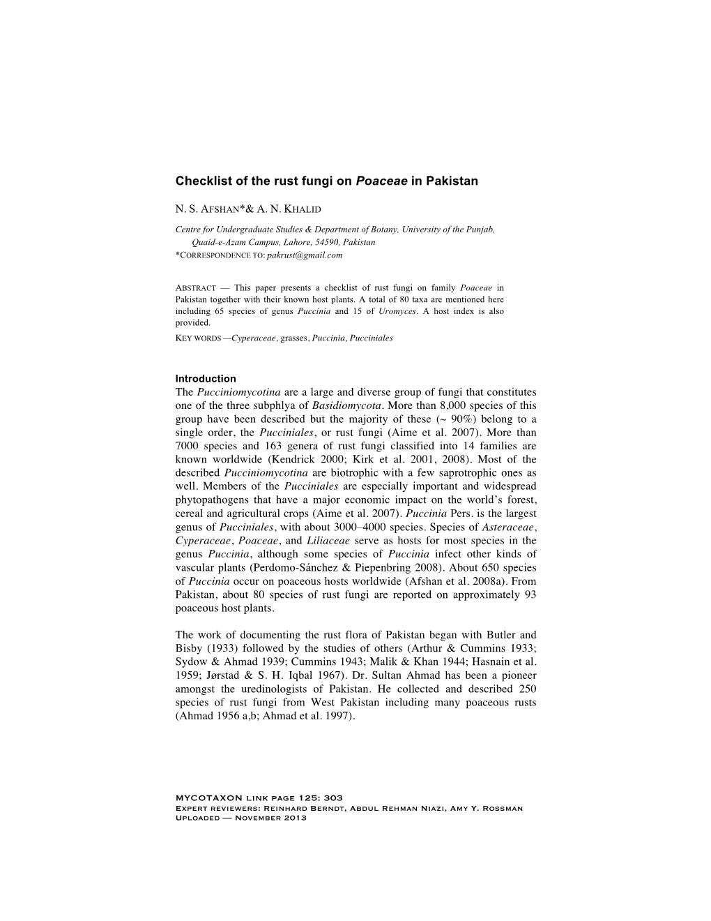 Checklist of the Rust Fungi on Poaceae in Pakistan