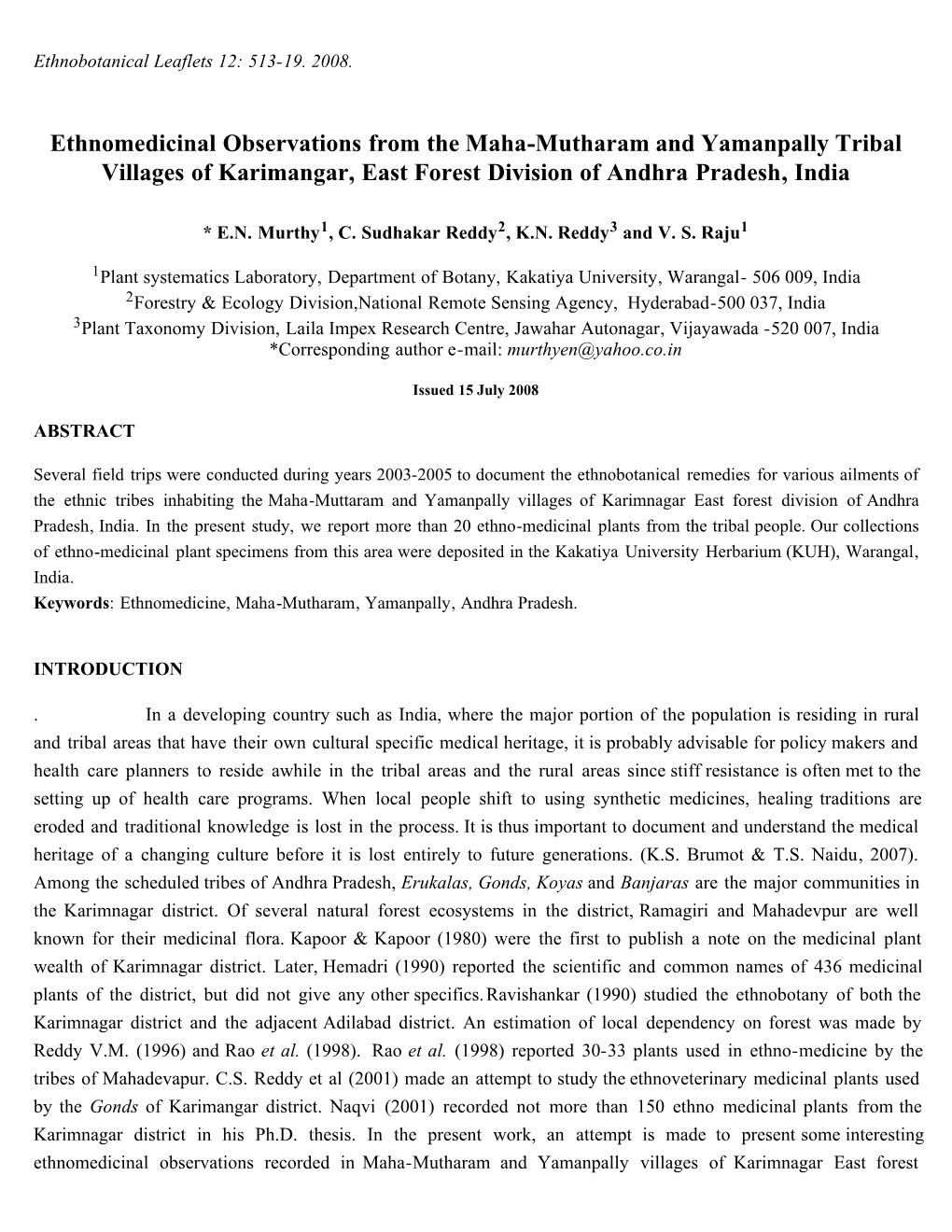 Ethnomedicinal Observations from the Maha-Mutharam and Yamanpally Tribal Villages of Karimangar, East Forest Division of Andhra Pradesh, India