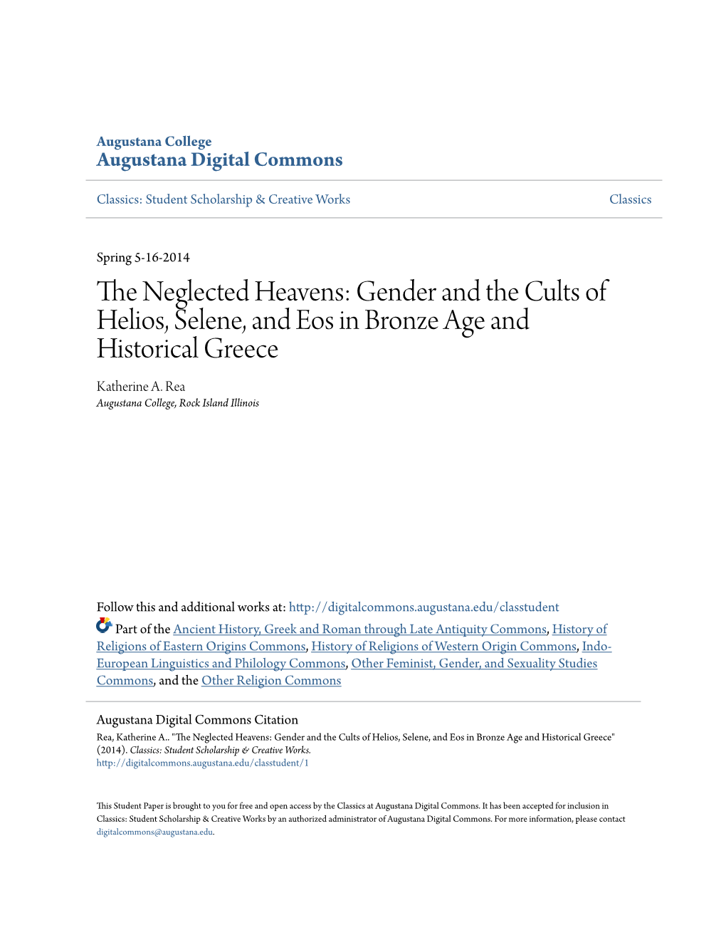 Gender and the Cults of Helios, Selene, and Eos in Bronze Age and Historical Greece Katherine A