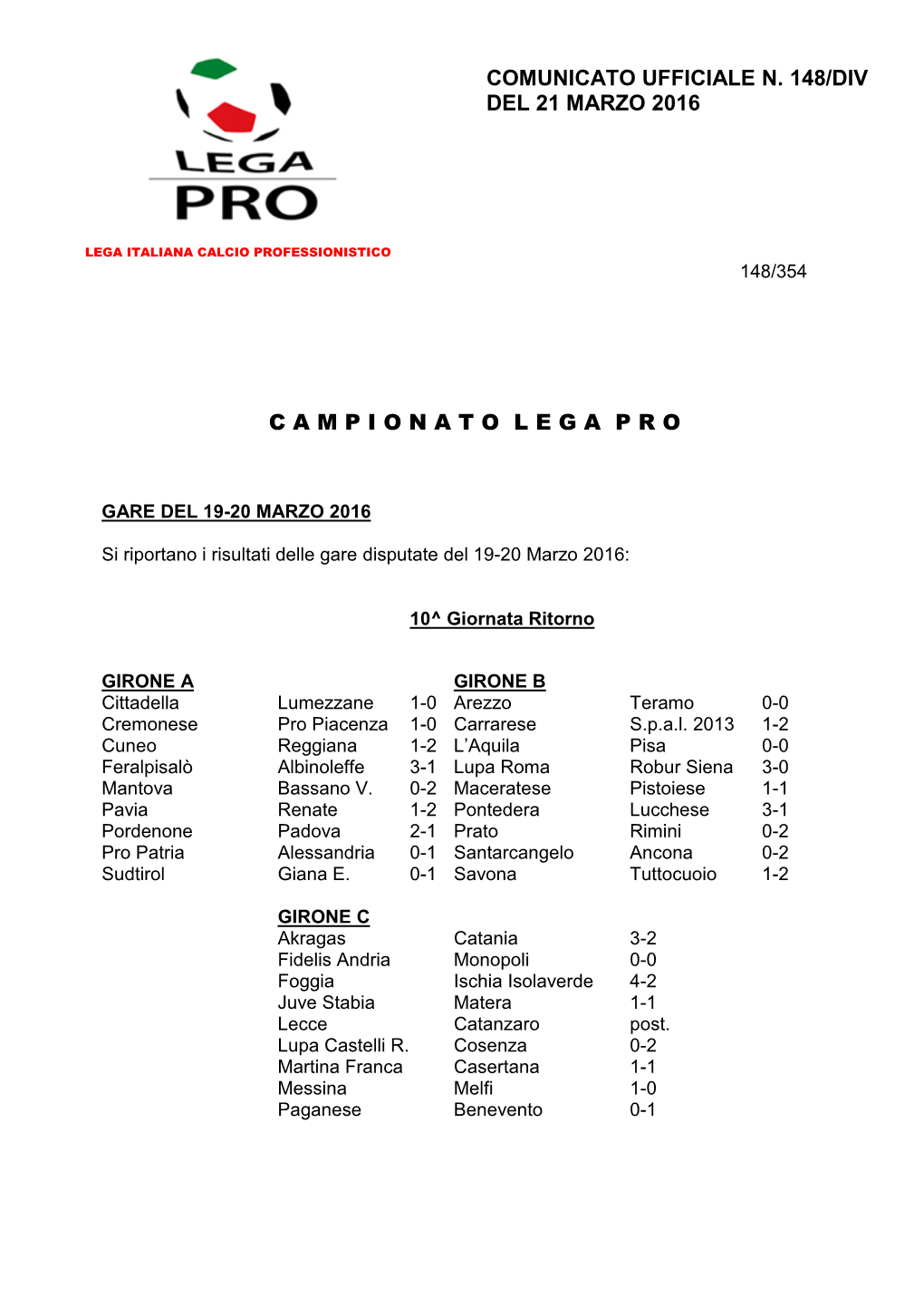 Comunicato Ufficiale N. 148/Div Del 21 Marzo 2016