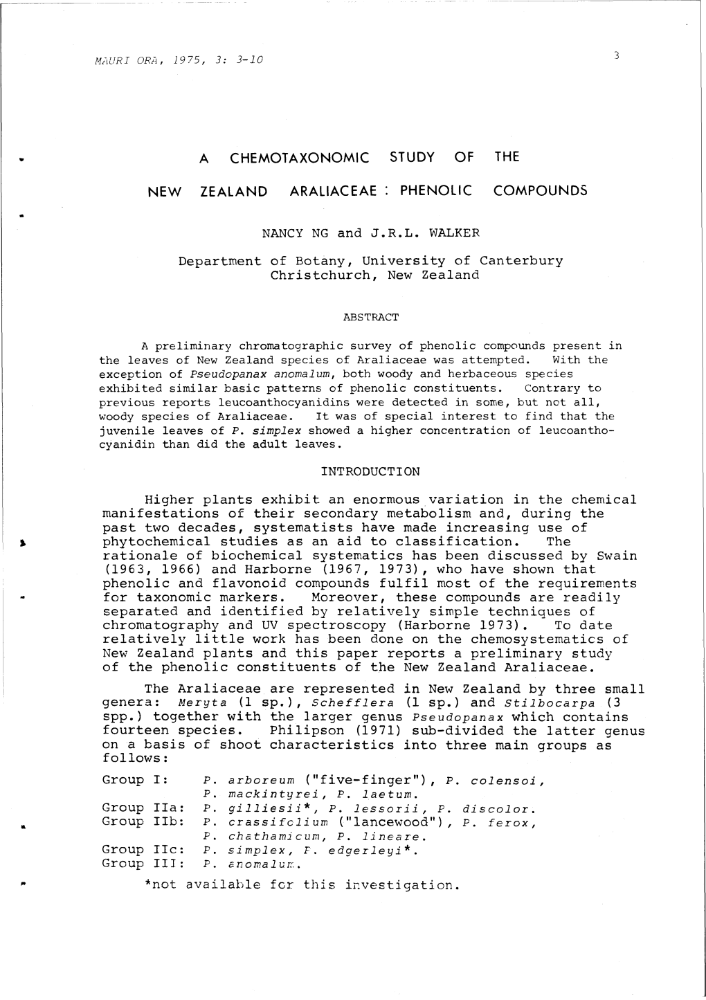 A Chemotaxonomic Study of the New Zealand Araliaceae