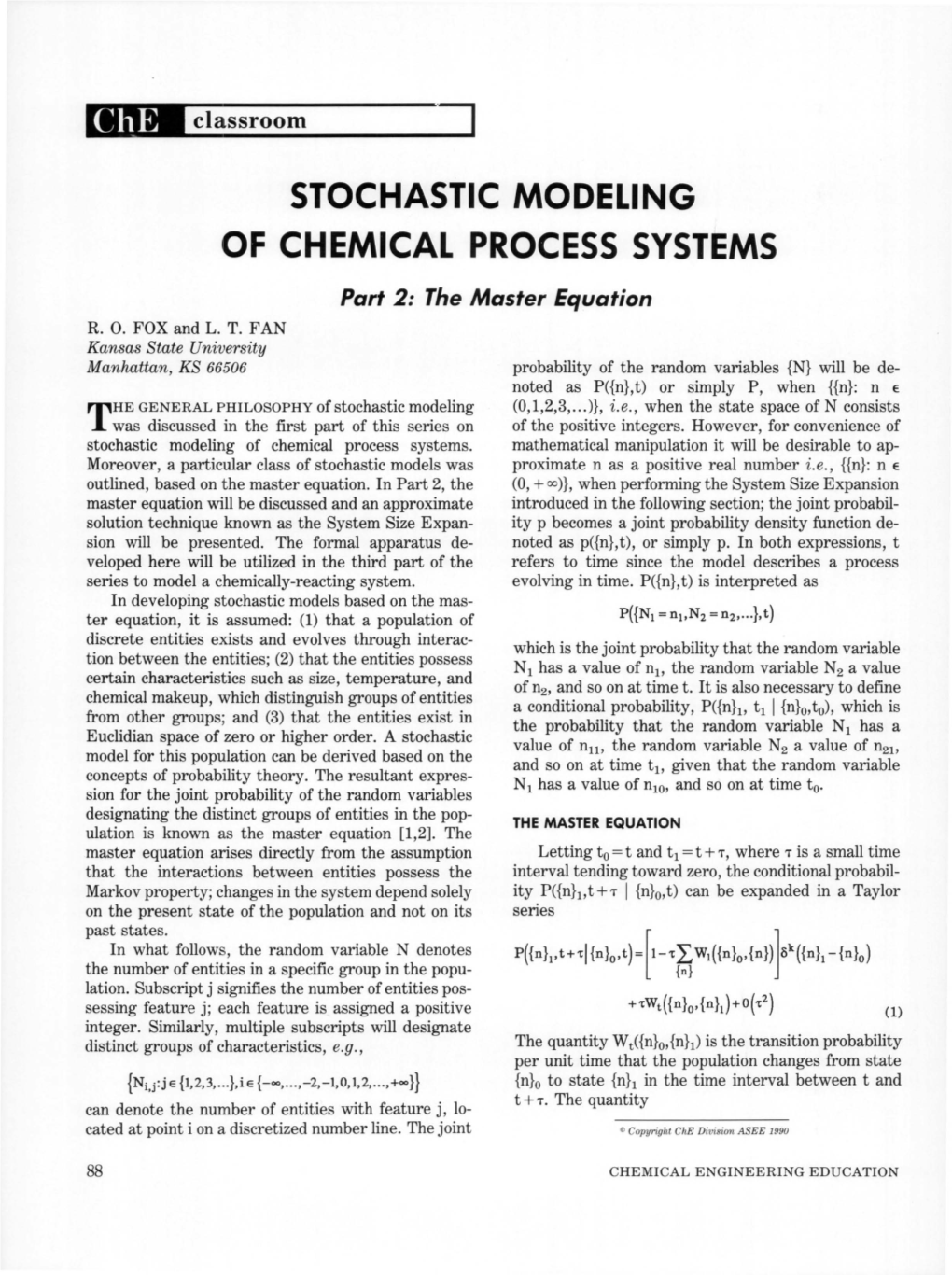 STOCHASTIC MODELING of CHEMICAL PROCESS SYSTEMS Part 2: the Master Equation R