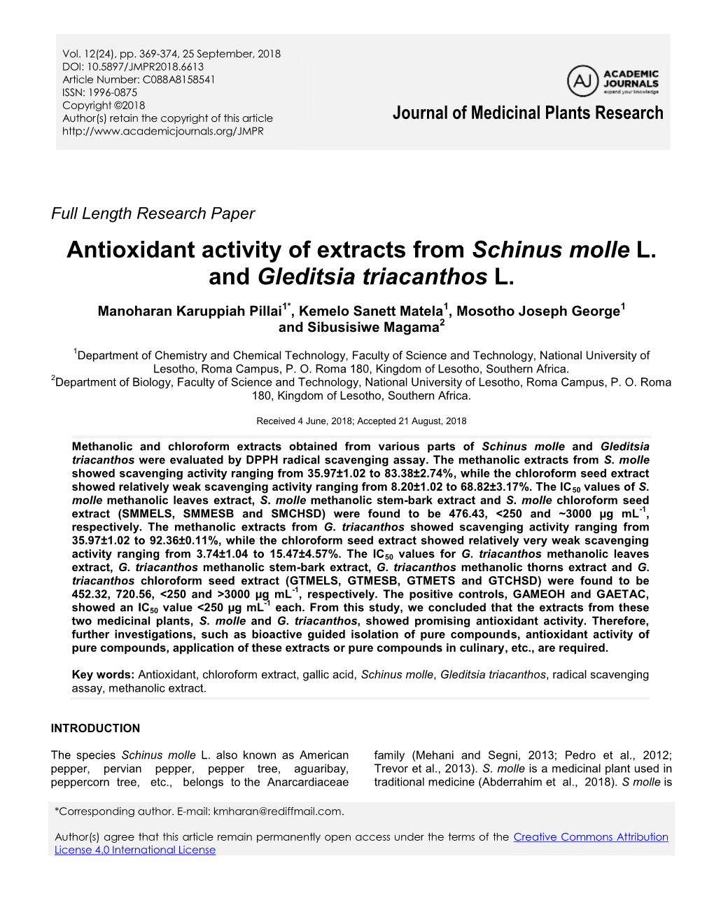 Antioxidant Activity of Extracts from Schinus Molle L. and Gleditsia Triacanthos L