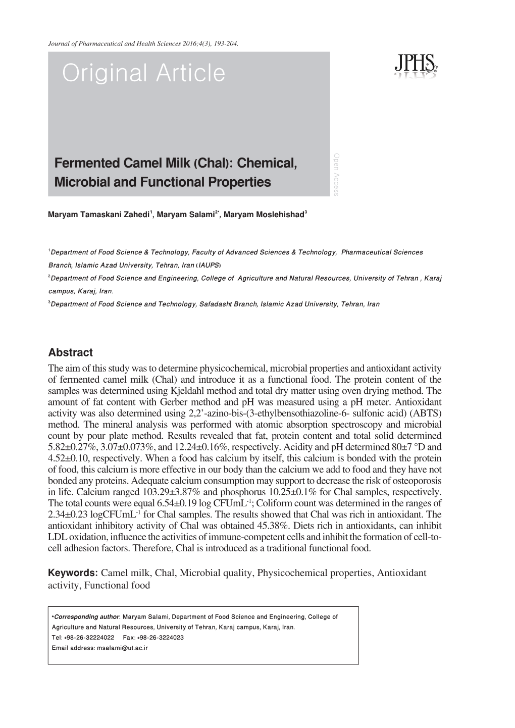 Fermented Camel Milk (Chal): Chemical, Microbial and Functional Properties