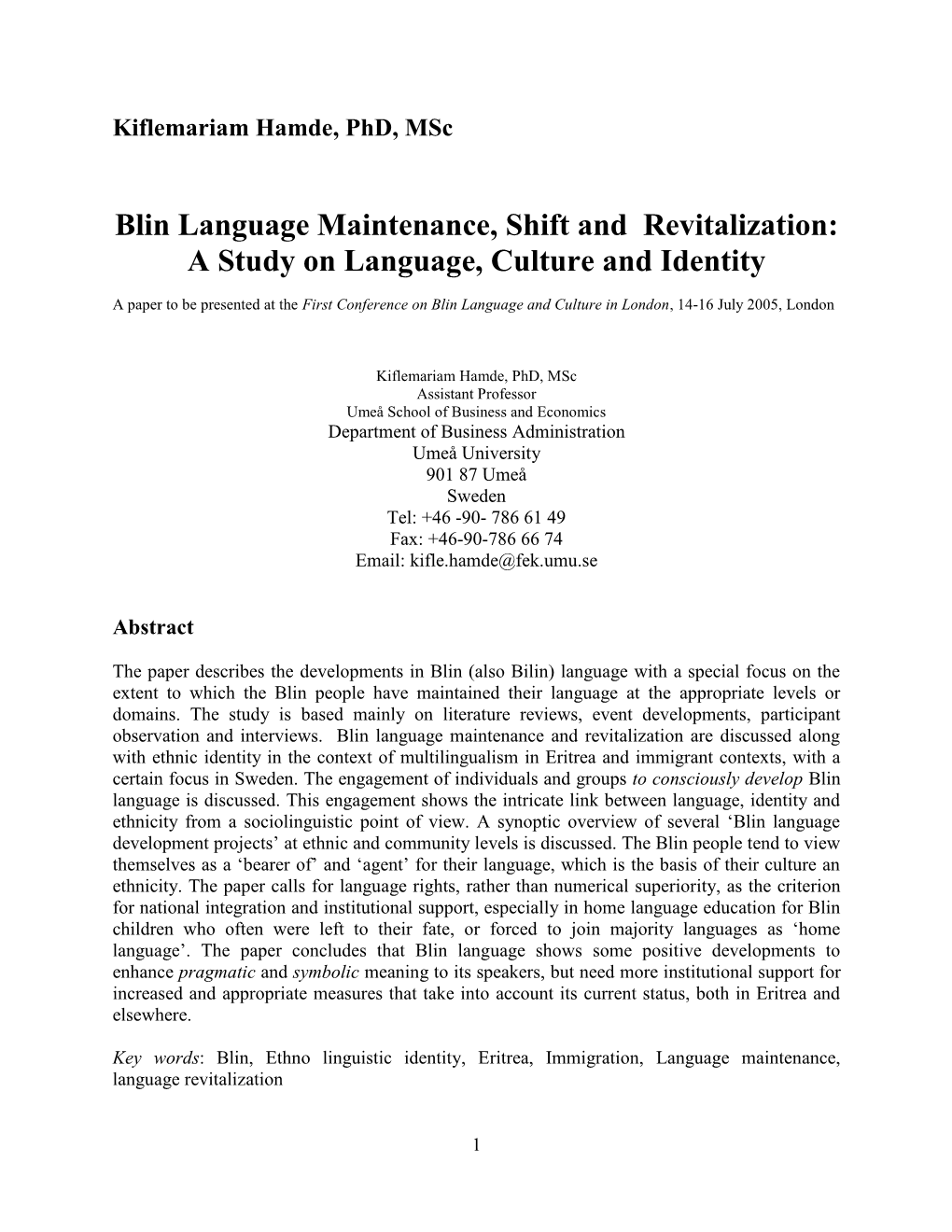 Blin Language Maintenance, Shift and Revitalization: a Study on Language, Culture and Identity