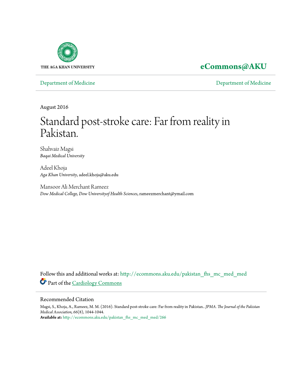 Standard Post-Stroke Care: Far from Reality in Pakistan