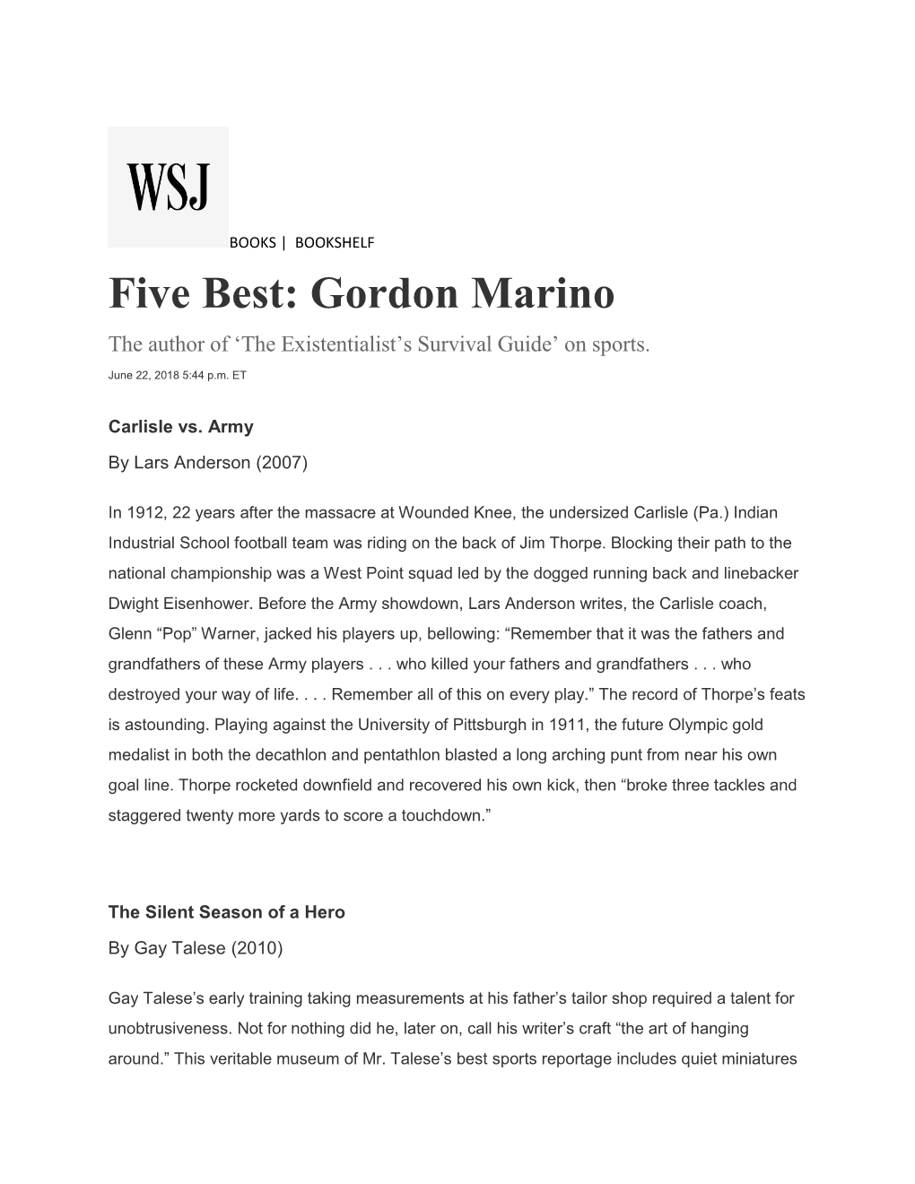 Five Best: Gordon Marino the Author of ‘The Existentialist’S Survival Guide’ on Sports