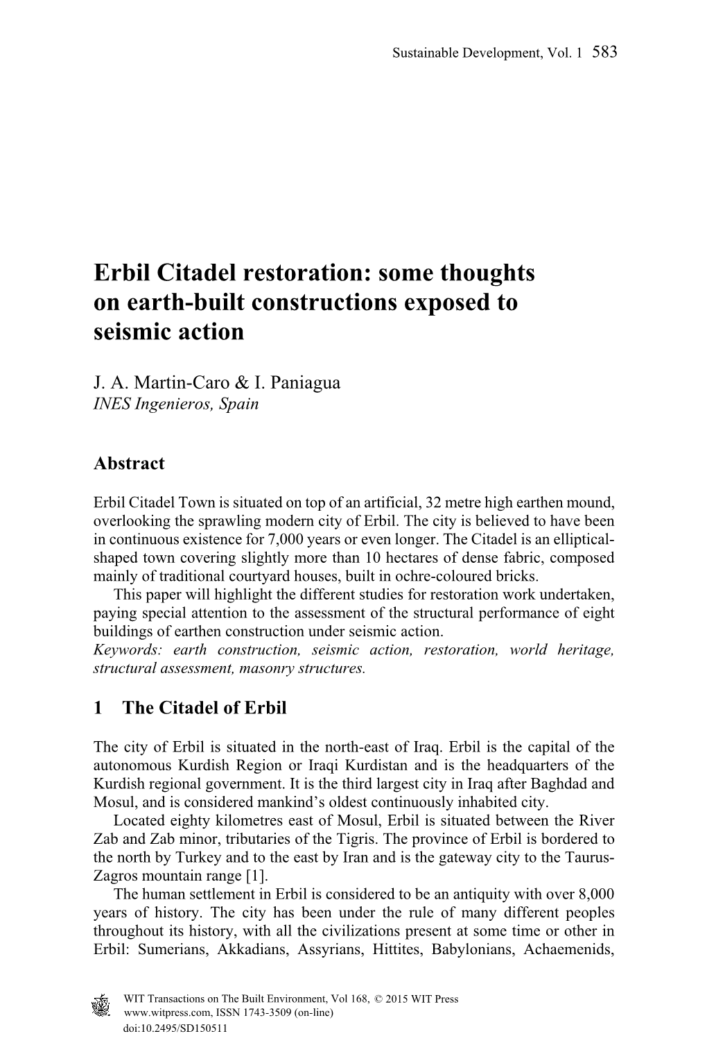 Erbil Citadel Restoration: Some Thoughts on Earth-Built Constructions Exposed to Seismic Action