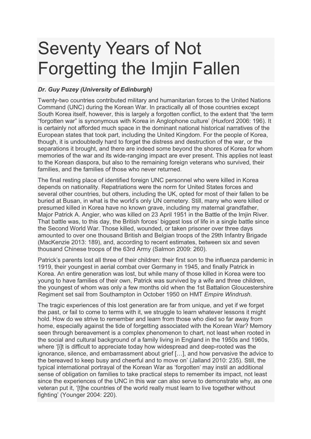Seventy Years of Not Forgetting the Imjin Fallen