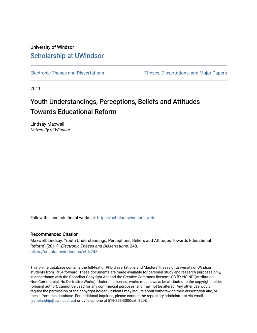 Youth Understandings, Perceptions, Beliefs and Attitudes Towards Educational Reform