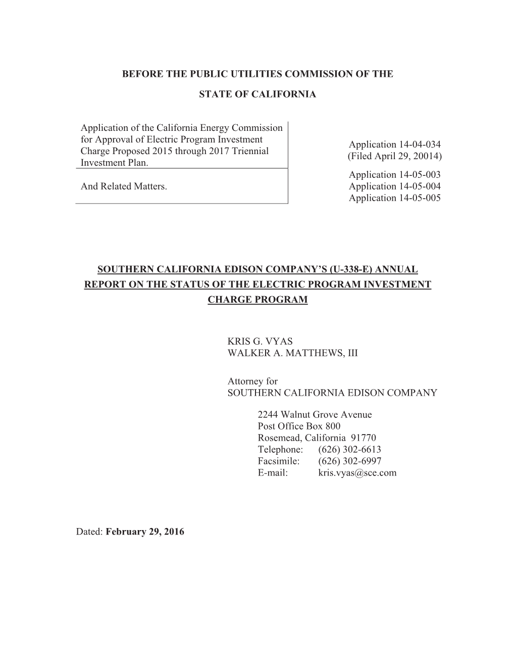 2015 Through 2017 Triennial (Filed April 29, 20014) Investment Plan