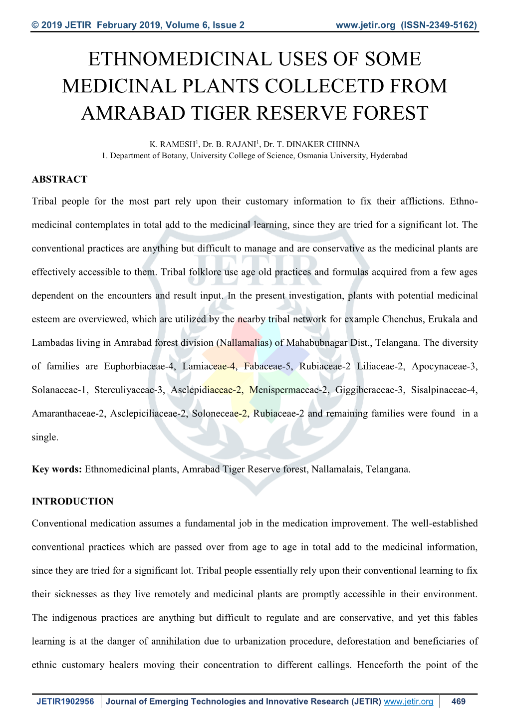 Ethnomedicinal Uses of Some Medicinal Plants Collecetd from Amrabad Tiger Reserve Forest