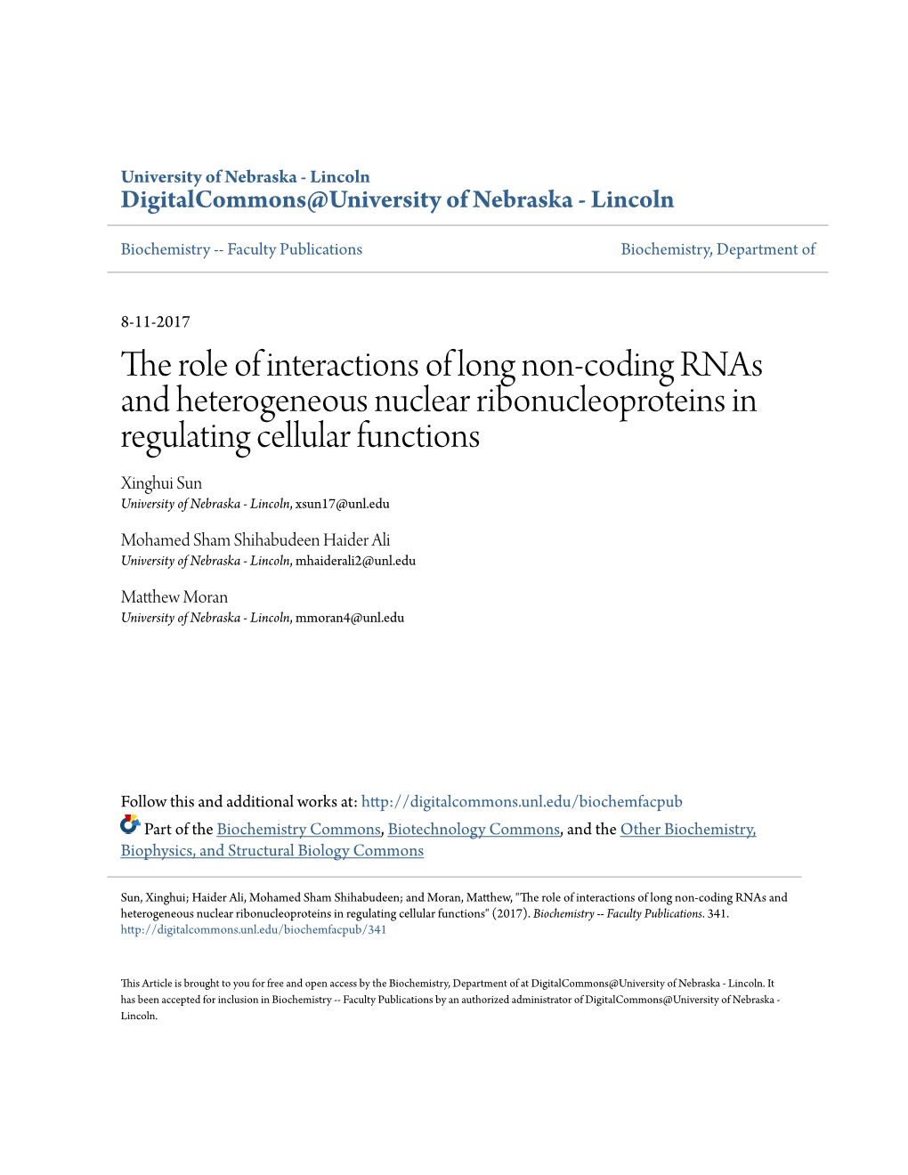 The Role of Interactions of Long Non-Coding Rnas and Heterogeneous Nuclear Ribonucleoproteins in Regulating Cellular Functions