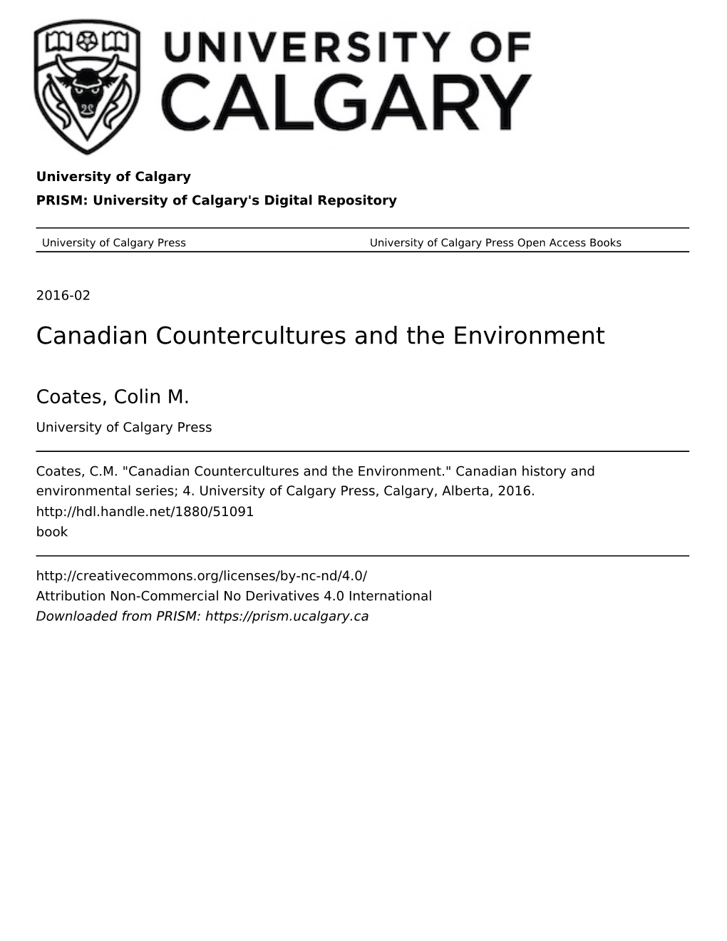 Canadian Countercultures and the Environment